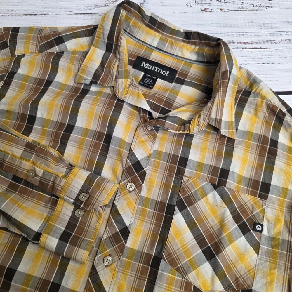 Marmot Lightweight Plaid Flannel Long Sleeve Button Up Mens 2XL Yellow Brown